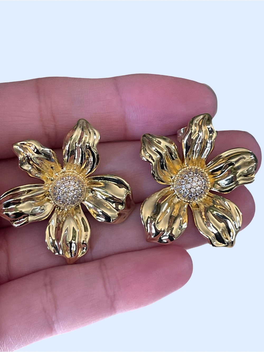 Gold Tone Flower Statement Studs Earrings